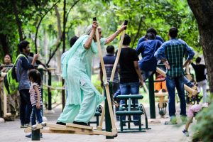 Old woman being active after moving to assisted living facilities