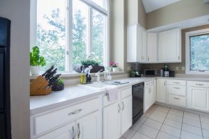 White kitchen in daylight.