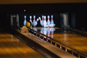 bowling pins and bowling ball