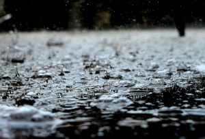 A closeup shot of raindrops falling to the ground.