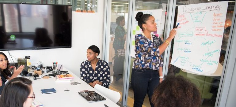 office place, woman explaining the project