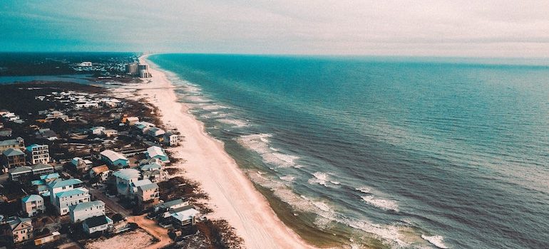 areal view of the beach and a city