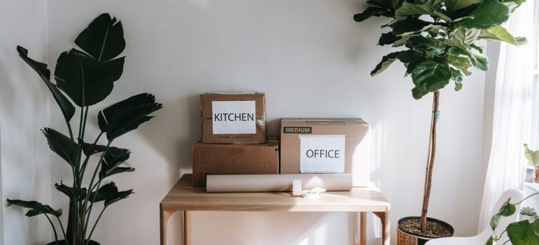 Moving boxes with packed kitchen and office items.