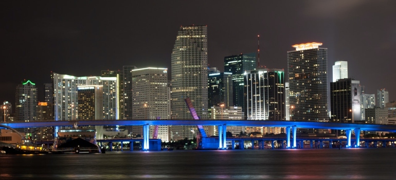 a skyline of Miami during nighttime
