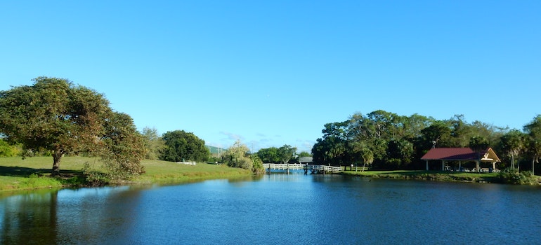 A lake near green grass with green trees under a blue sky