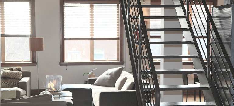 living room with stairs