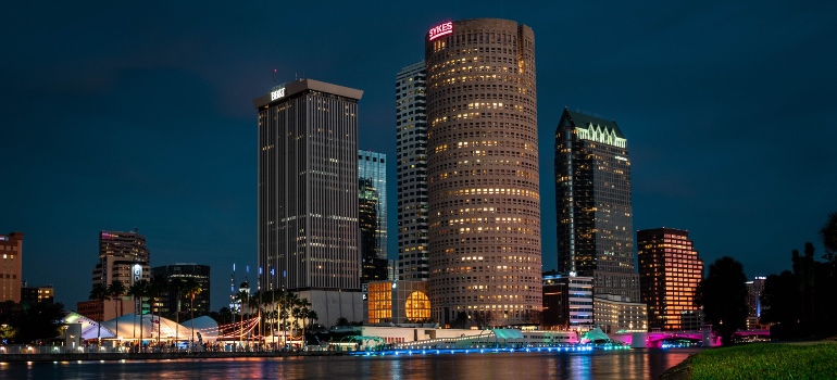 Downtown Tampa during the night, explore it as you are moving from Lakeland to Tampa