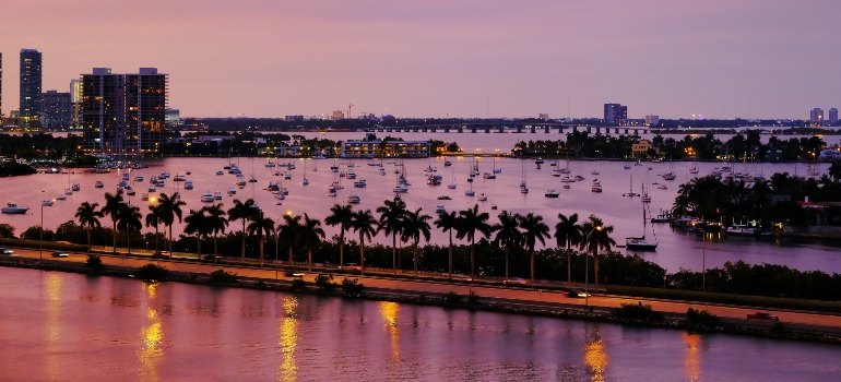 Aerial view of city buildings during sunset 