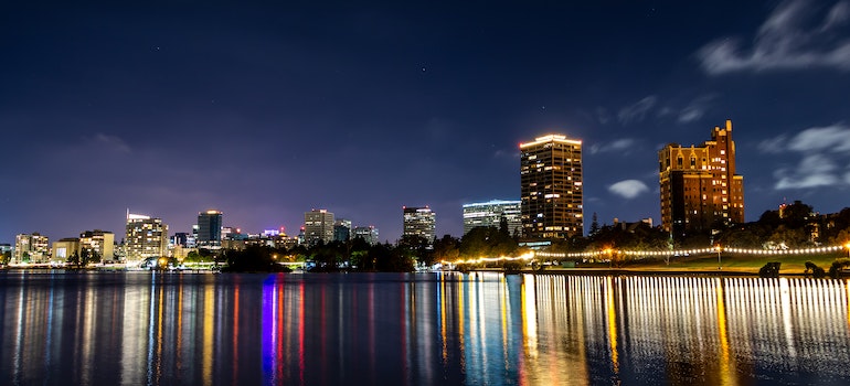 The city of Oakland during the night