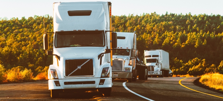 Moving trucks on a sunny forest road hired for a long distance move in Florida