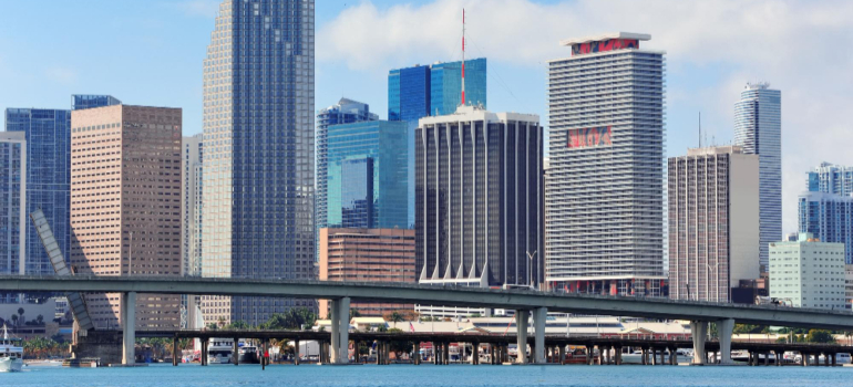 View from a boat near a Miami bridge at the city of Miami