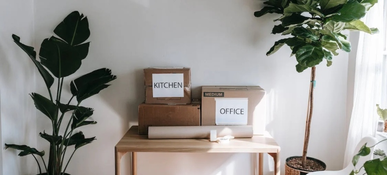 labeled boxes on a wooden table