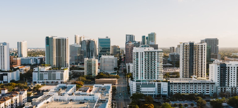 Contemporary architecture of city district at sundown