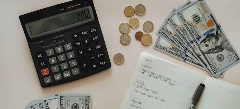 calculator, money and a notebook